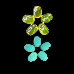 Vintage UV Reactive (Potentially Uranium Glass?) Green Cabochon Flower Brooch